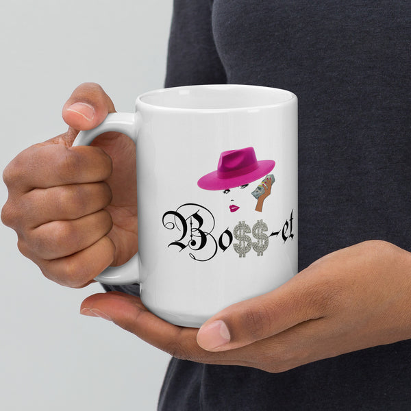 2 Boss-et Pink Fedora White Glossy Mug (Black Boss)