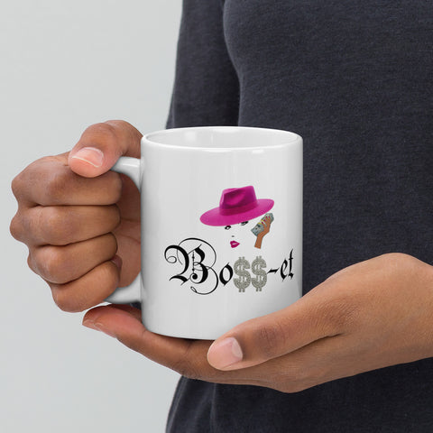 2 Boss-et Pink Fedora White Glossy Mug (Black Boss)