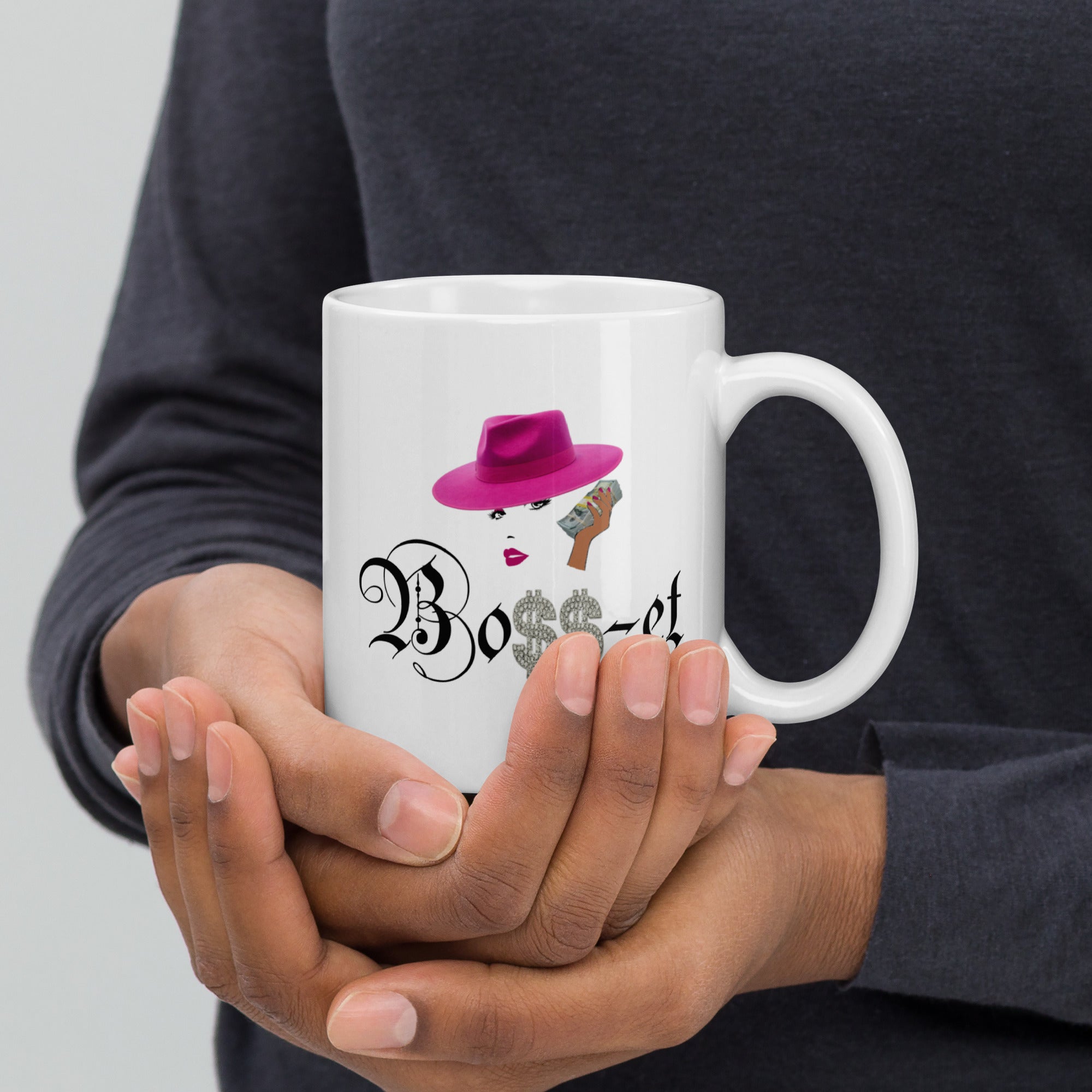 2 Boss-et Pink Fedora White Glossy Mug (Black Boss)