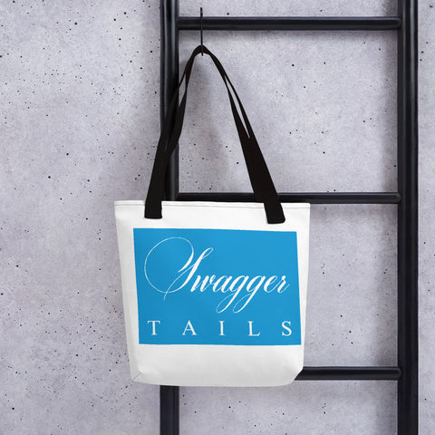 Swagger Tails Signature Tote bag with blue background white Signature